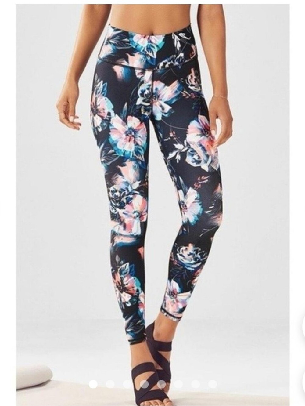 Fabletics Black Leggings with Purple and Blue Floral Print